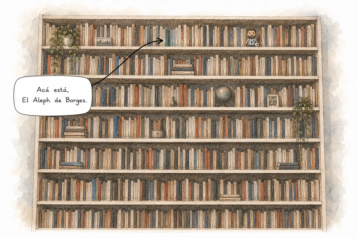 Una biblioteca donde el agente señala El Aleph de Borges.